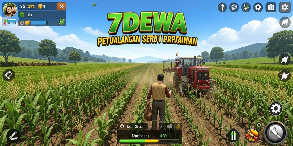 Screenshot utama 7DEWA menampilkan kebun yang indah dengan berbagai tanaman.