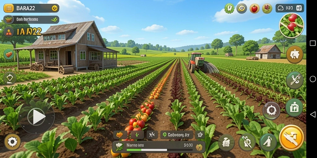 Tampilan gameplay BARA22 menampilkan ladang hijau yang subur dan hewan ternak yang bahagia.