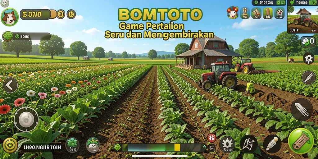 Screenshot gameplay BAMTOTO yang menunjukkan ladang yang indah dan tanaman subur.