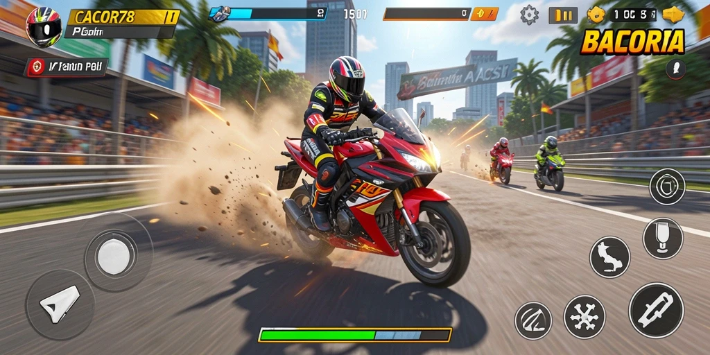 Screenshot utama menunjukkan balapan motor yang mendebarkan.