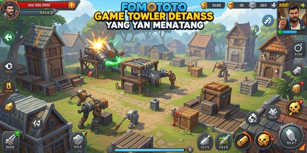 Screenshot gameplay FOMOTOTO dengan aksi menara dan musuh yang menarik.