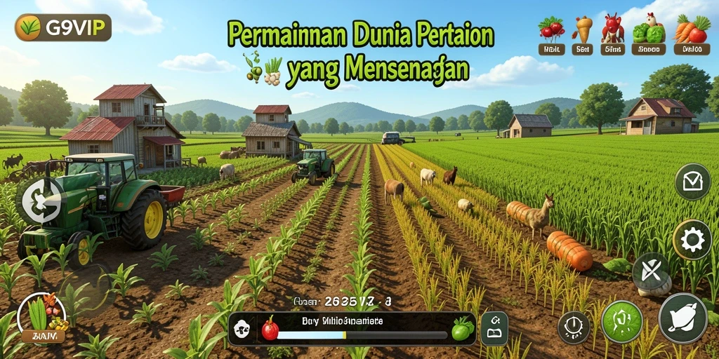 Tangkapan layar G9VIP menampilkan peternakan yang aktif dan berwarna.