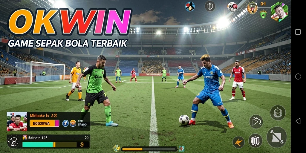 Screenshot gameplay OKWIN yang menampilkan momen seru di lapangan sepak bola.