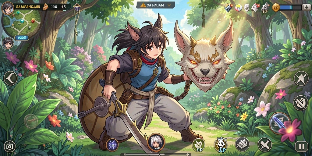Screenshot utama RAJAPANDA88 menampilkan pertempuran karakter Anime yang dinamis.