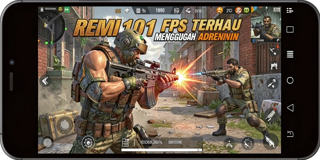 Screenshot gameplay REMI101 menampilkan pertempuran FPS yang intens.