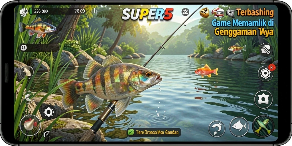 Gameplay SUPER5 yang menarik dengan aksi memancing yang seru.