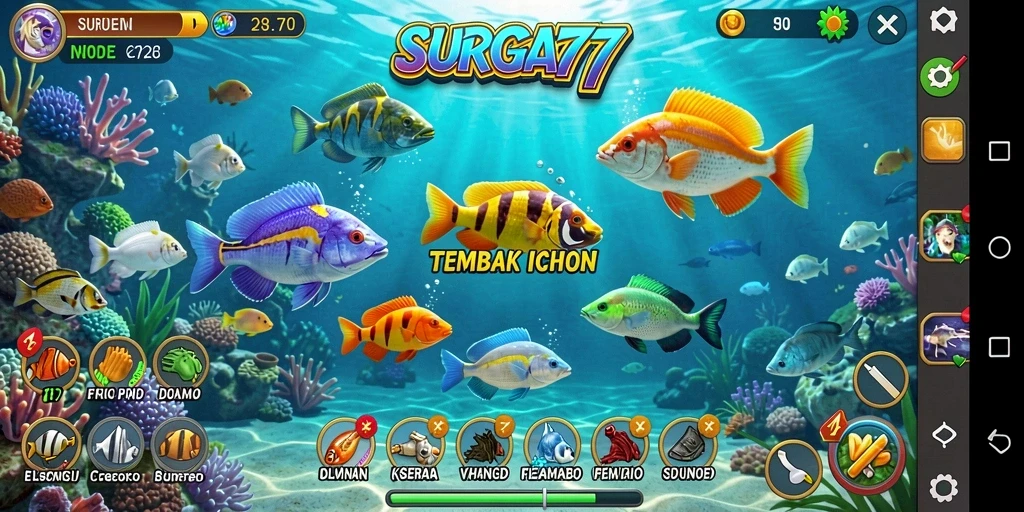 Tampilan gameplay SURGA77 dengan ikan berwarna-warni dan aksi menangkap yang seru.