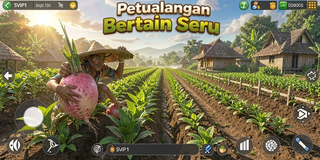 Tampilan gameplay SVIP1 yang menampilkan ladang penuh tanaman.